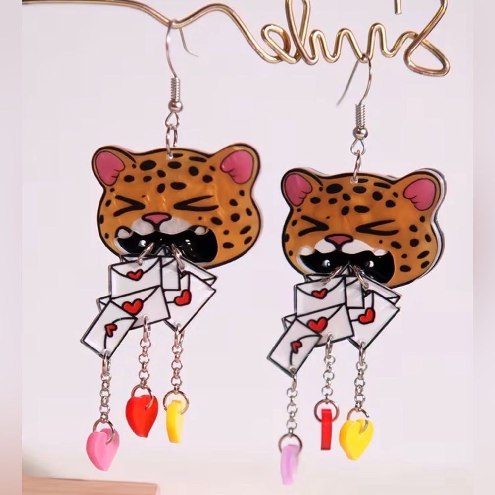 HAIRBALL HEARTS 💛 Acrylic Leopard Love Letter Dangle Hearts Statement Earrings
